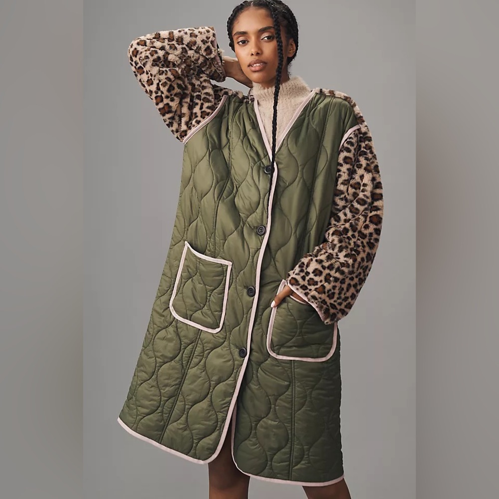 Anthropologie color block liner coat with leopard sleeves